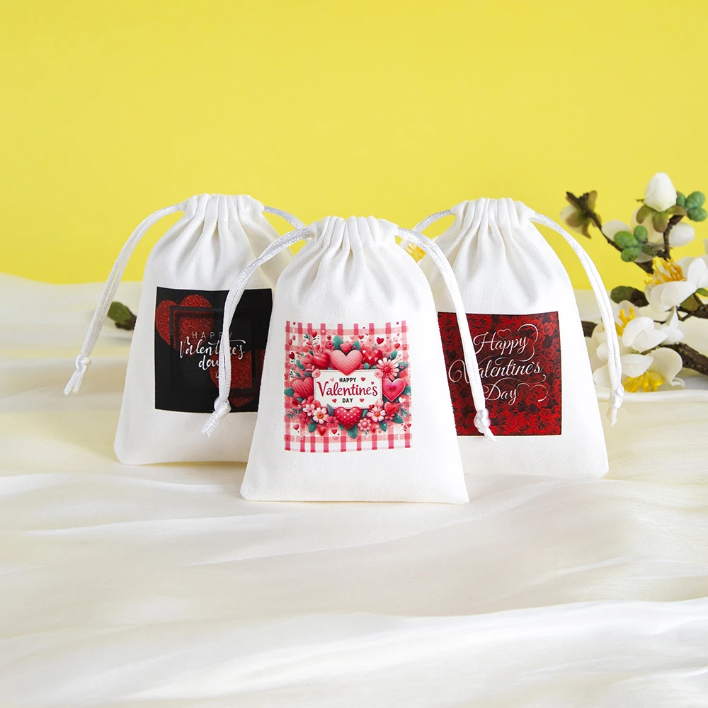 5Pcs Valentine's Day Thermal Transfer Applique Gift Bag White Flannel Drawstring Packaging Pouches Lipstick Jewelry Dust Sack