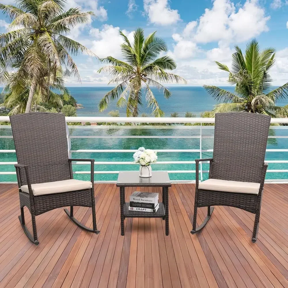 Outdoor HDPE Wicker Rocking Chair 3-Piece Patio Rattan Bistro Set 2 Rocker Armchair and Glass Coee Side Table urniture Washable view 3