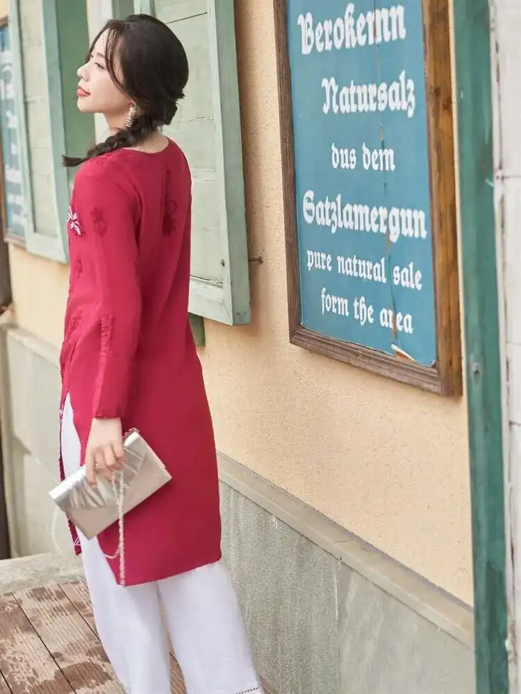 الملابس الهندية النسائية العرقية نمط القطن الحرير الأعلى المطرزة اليوغا اللباس عارضة فضفاض رقيقة نمط روز الأحمر اللباس الهندي أعلى