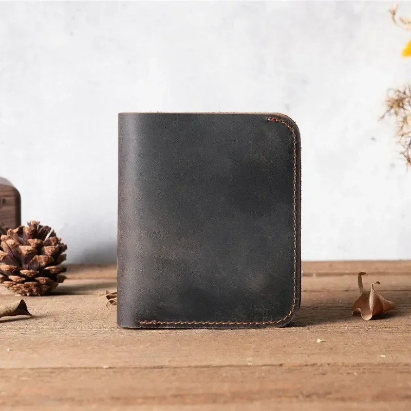 100% Genuine Leather Wallet for Men Male Brand Vintage Handmade Short Small Men\'s Purse Card Holder with Zipper Coin Pocket Bag