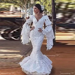 Retro Palace Lace Mermaid Prom Dresses Flamenco White Flare Long Sleeves Spain Evening Dress Wear Vestidos Flamenca Customized