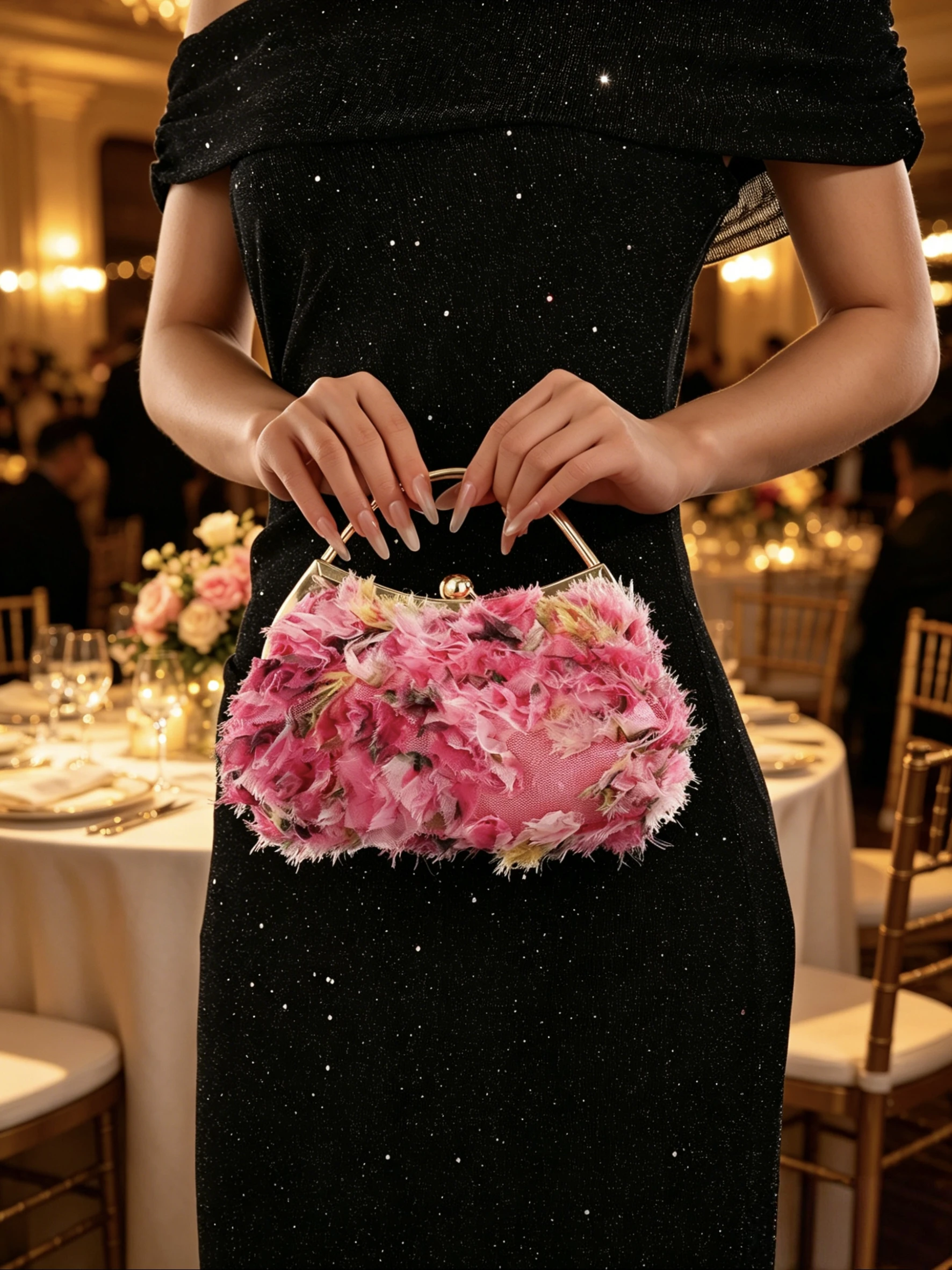 Women's Evening Bag, 3D Floral Mesh Handbag, Metal Frame Top Handle, Detachable Chain Shoulder Strap for Hand or Crossbody Wear, Suitable for Weddings and Bridal Occasions, Romantic Floral Dinner Bag