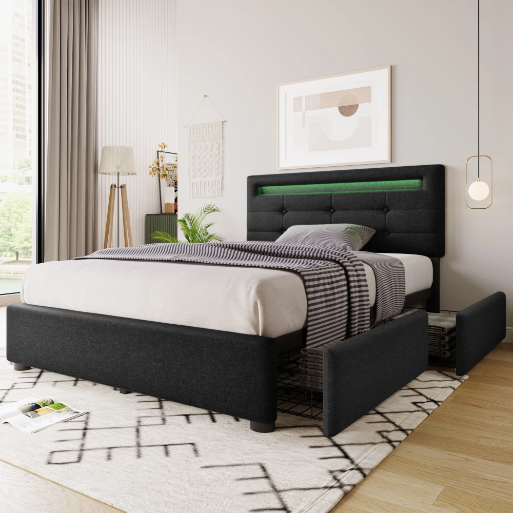 Single bed upholstered bed frame with 2 drawers, 90x200 cm, height-adjustable headboard, black (mattress not included)