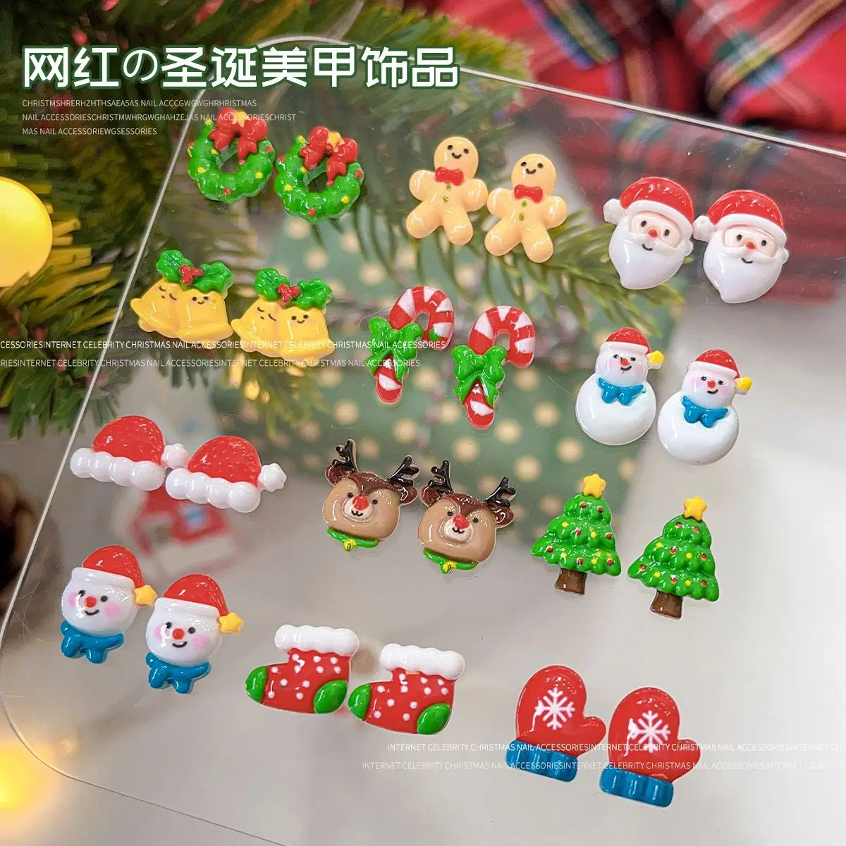 クリスマスシリーズネイルアートアクセサリー 3D レジンネイルチャーム キュートなベル、トナカイ、雪だるま、漫画風、多用途ウィンターネイルデコレーション