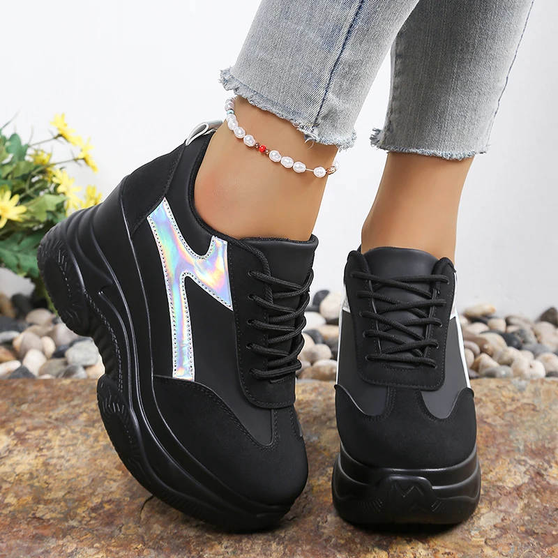 

Vulcanized Shoes Fashion Laser Chunky Platform Sneakers Women Plus Size 42 Lace Up Wedges Sneaker Woman Anti Slip Thick Bottom