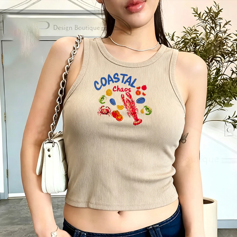 Coastal Lobster Letter Graphic Ribbed Tank Slim Sleeveless Camisole Retro Y2K Top Casual Cropped Crop Summer Beach Streetwear