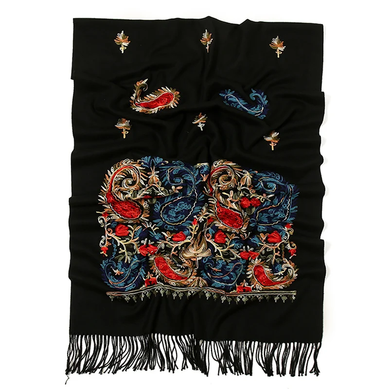 Embroidery Cashmere Scarfs Women Winter Tippert Flower Pashmina for Women Winter Warm Shawl Tassels Vintage Scarves for Ladies