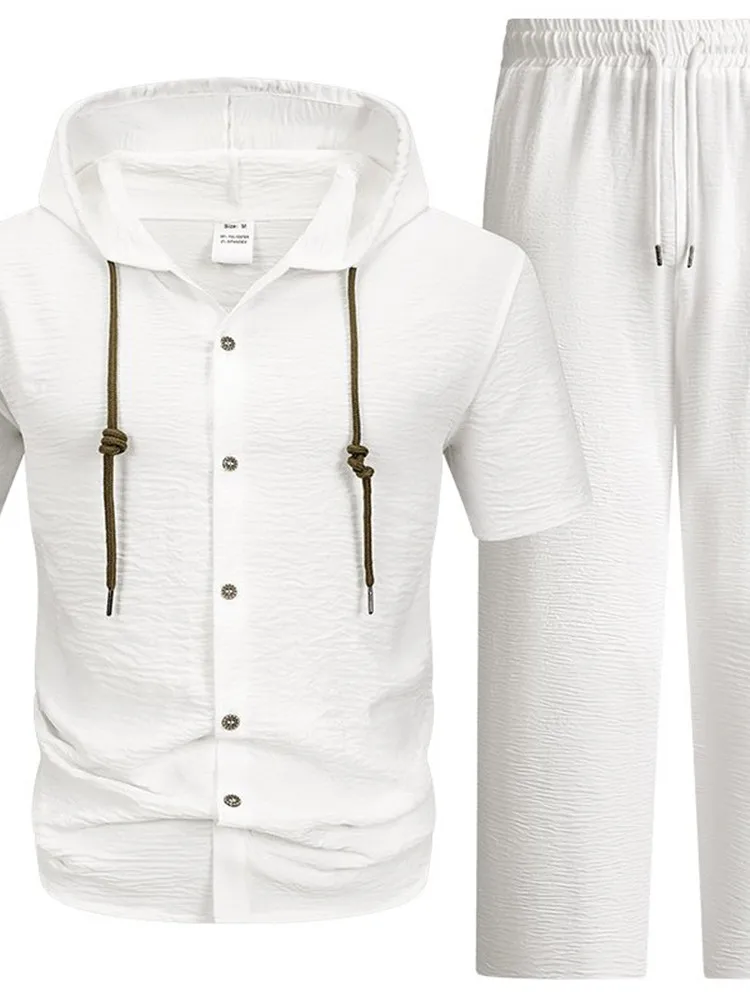 New Summer Fashion Trendy Solid Color Comfortable Breathable Beach Hooded Shirt Set Men's Casual Loose Sports Two-Piece Set view 4