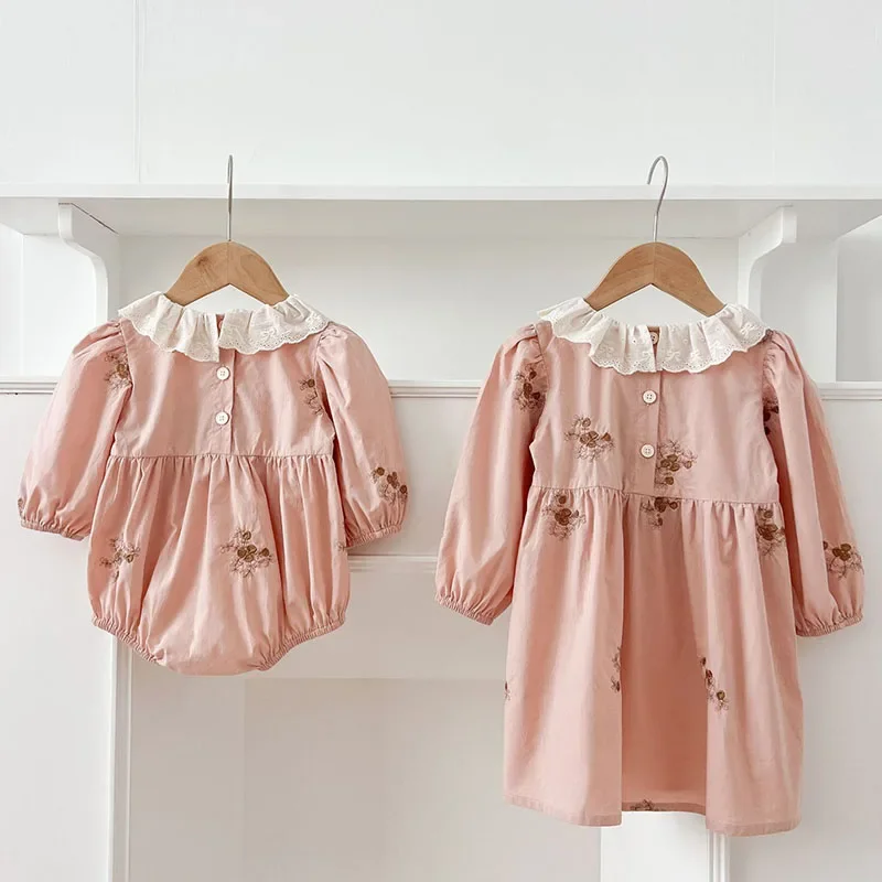 2025 New Spring Girl Party Dress Baby Girl Romper Long Sleeved Cotton Flower Embroidery Kids Princess Dresses Sister Clothes