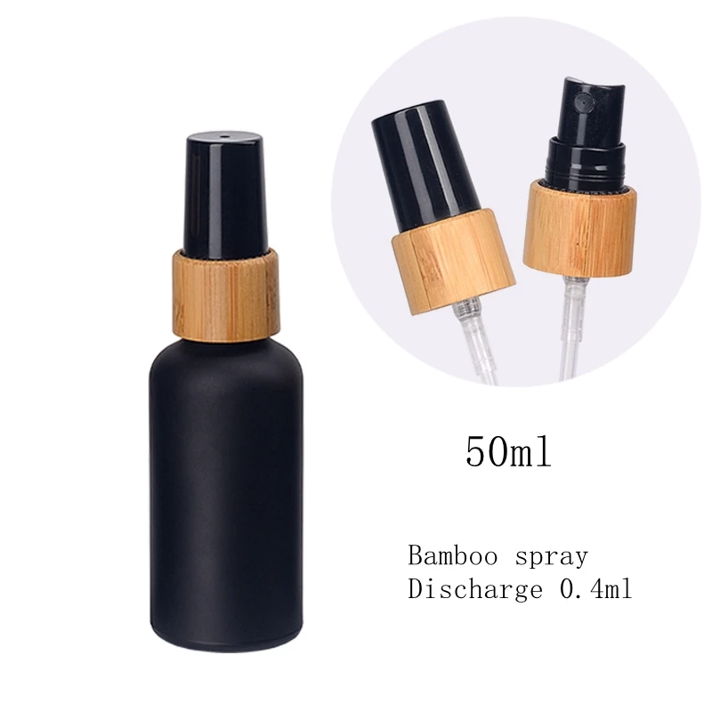 100pcs matte black glass bottle 50 ml matte black spray bottle empty cosmetic bottle with 18 mm bamboo wooden fine mist sprayer