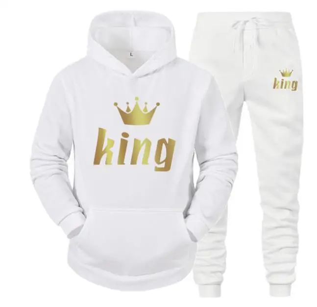 Fashion Couple Sweatshirt KING QUEEN Printed Lover Hooded Suits Hoodie and Sweatpants 2pcs Set Streetwear Men Women Cloths