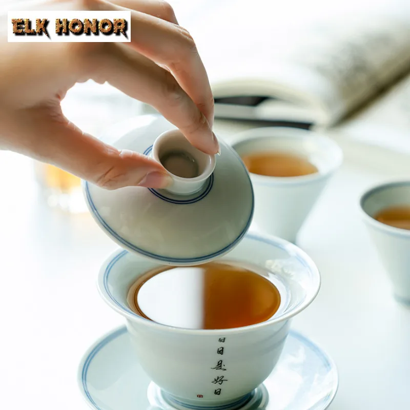 145ml Ancient Green Double Line Cover Bowl Zen Handwritten Text Tea Tureen Elegant Ceramic Gaiwan Tea Maker Drinkware Collection