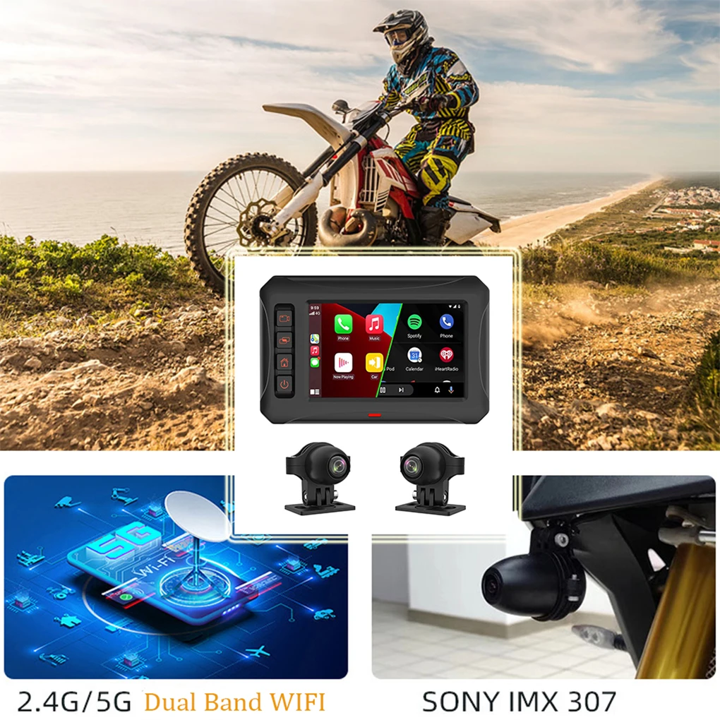 Caméra de tableau de bord portable pour moto, écran tactile 3.5 ", DVR, CarPlay sans fil, Android Auto, touristes, caméra avant et arrière 1080P, prise en charge 5G