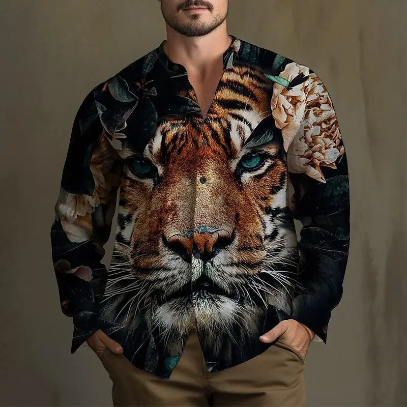 Camisa grande de manga larga con estampado 3d de flor de Tigre, Top de cuello alto, estilo científico, a la moda, MB12