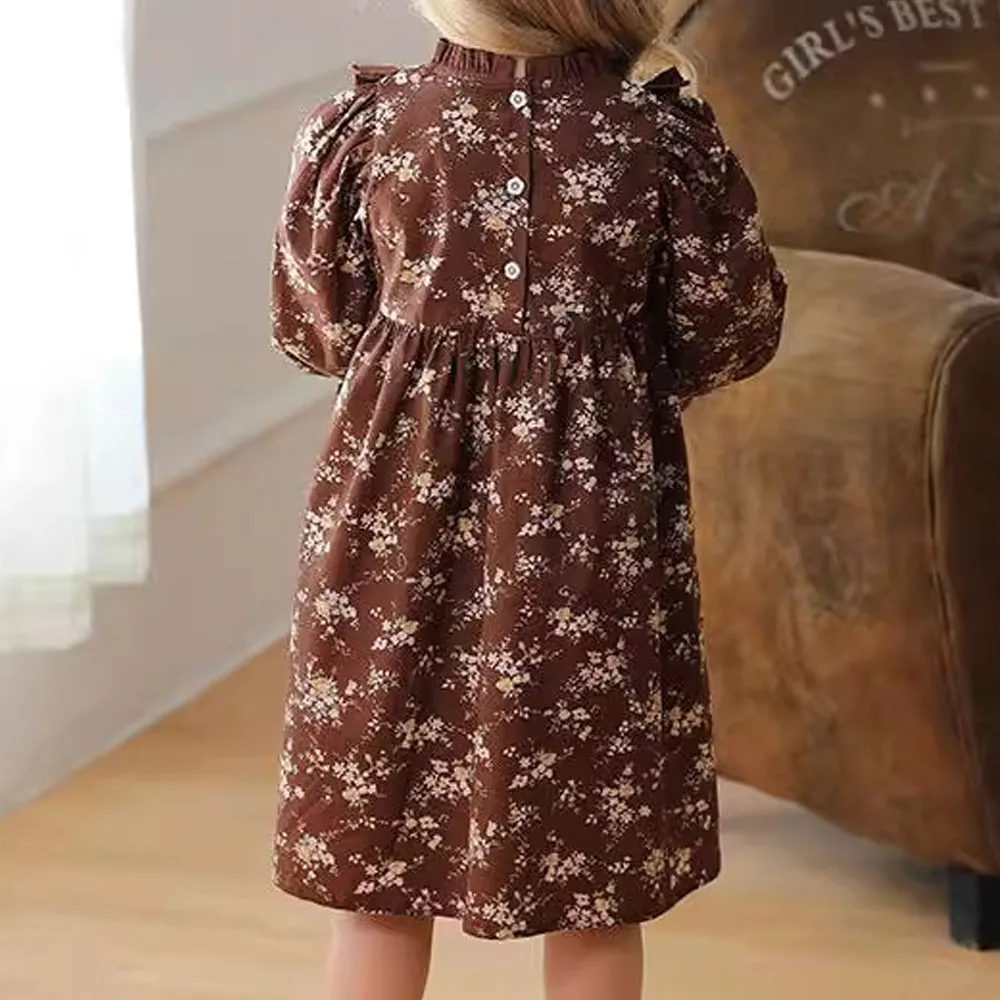 Autumn Baby Girl Clothing Casual Dresses French Vintage Children Princess Dress Fashion Flower Print Long Sleeve Loose Kid Dress