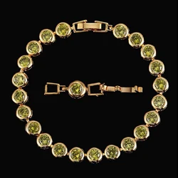 ThreeGraces New Trendy Olive Green Cubic Zirconia Crystal Round Shape Link Chain Bracelet for Women Fashion Party Jewelry BR198