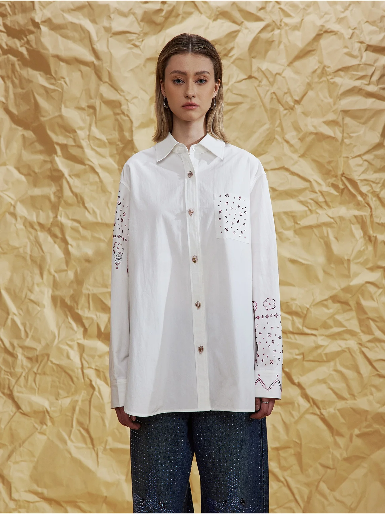 

Hekachi: Модная женская свободная блузка из чистого хлопка с широким кроем, премиум-качества, с длинным рукавом, повседневная, с декором из страз