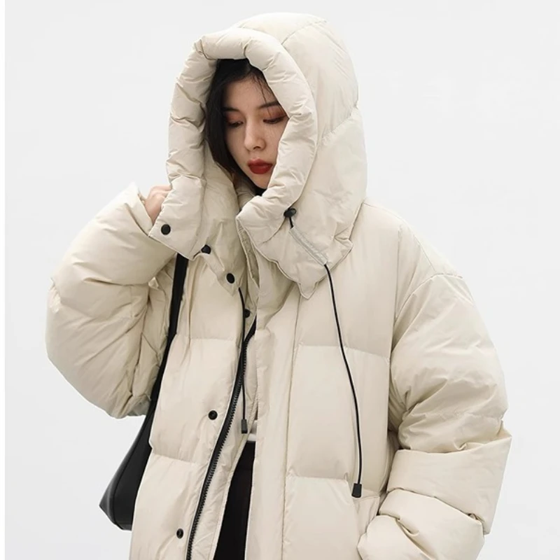 Winter New Down Coat Women Mid Length Windproof Hooded Standing Collar Loose Warm Casual White Duck Down Coat