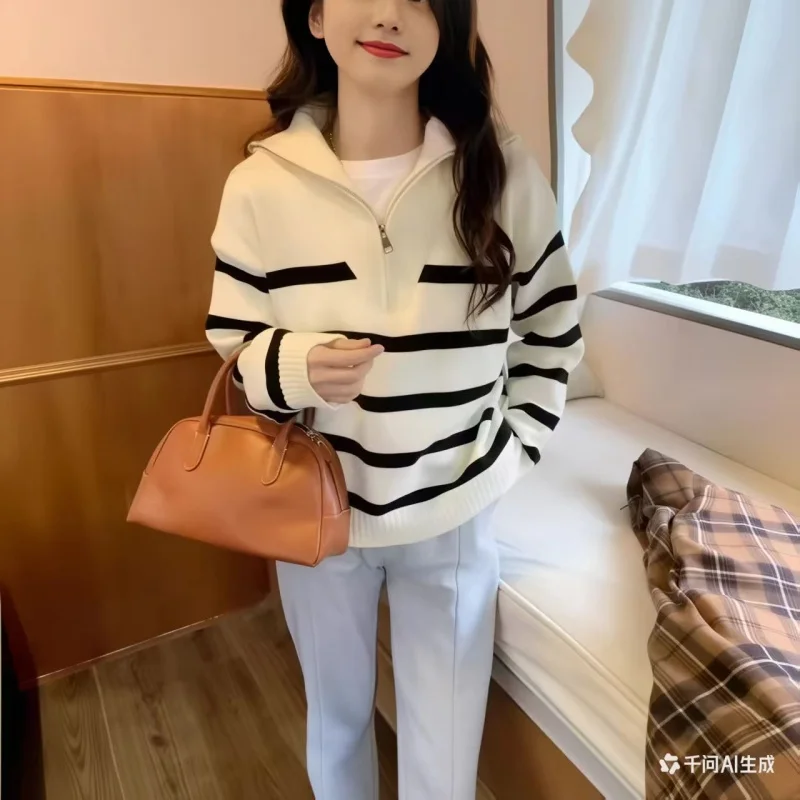 

Женский свитер-пуловер на молнии с полосками, короткий фасон, новинка весна-осень, популярный, премиум-класса