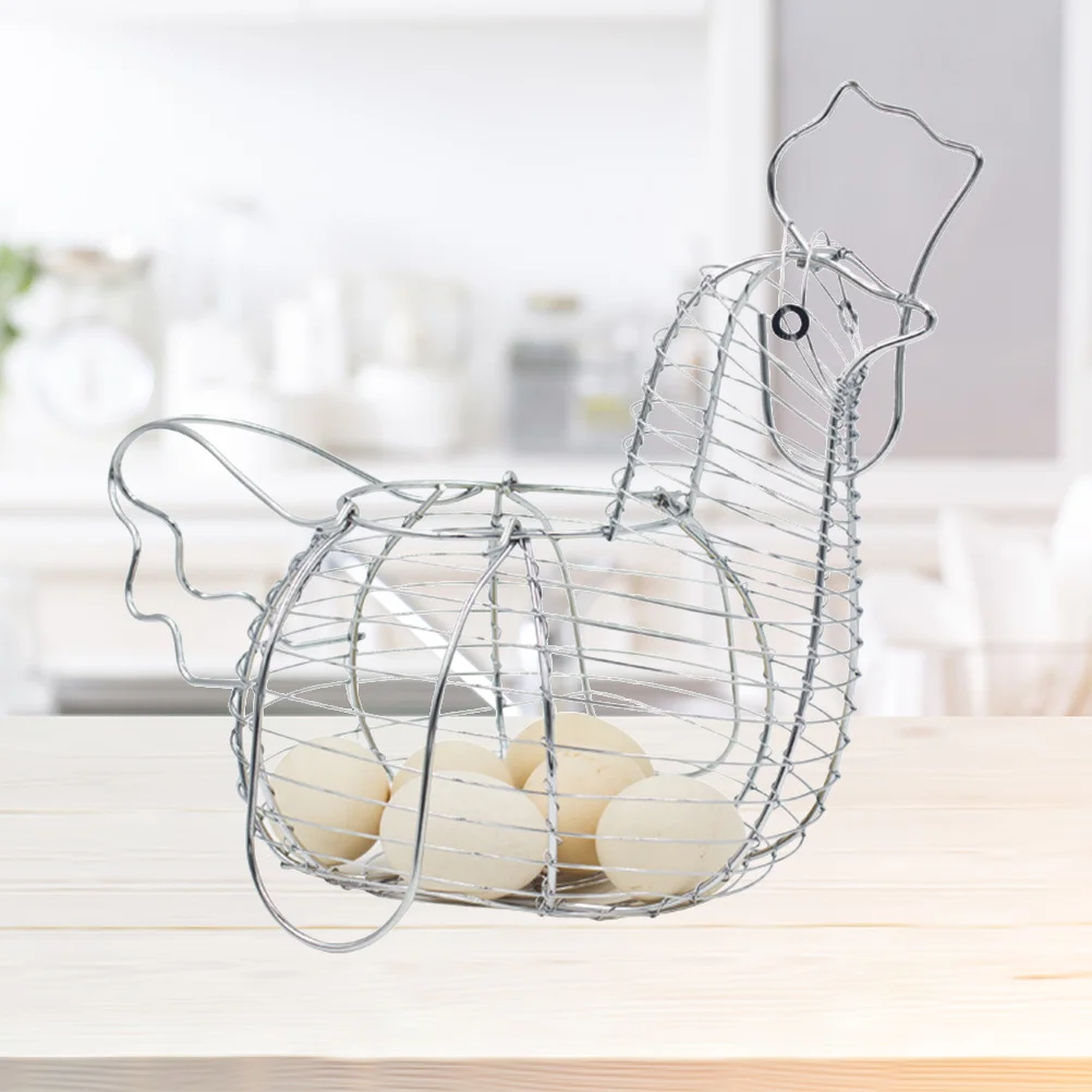 

Chrome Plated Chicken Design Basket for Fruits Vegetables Eggs Storage Kitchen Countertop Organizer Refrigerator Space Saving