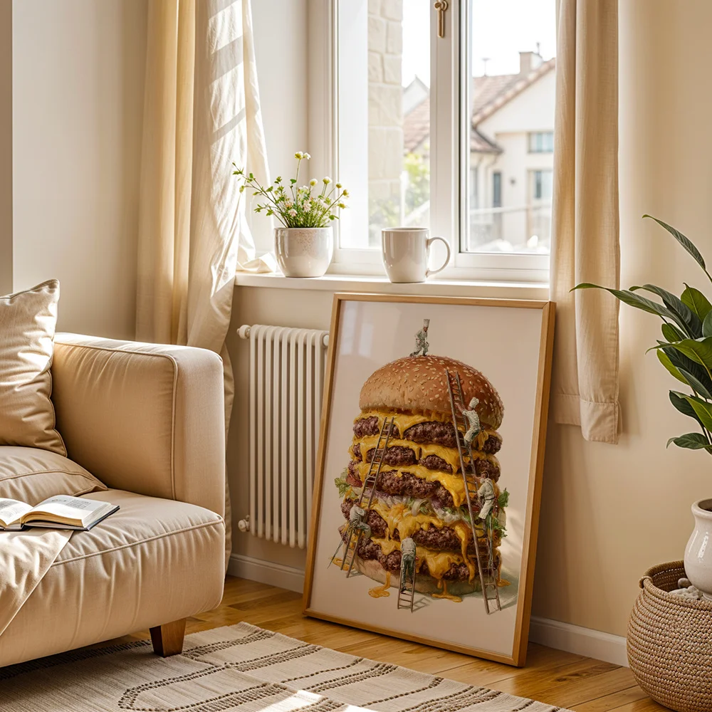 Creative giant hamburger worker illustration wall decoration for the living room and kitchen, fun home gifts, 2D printed poster