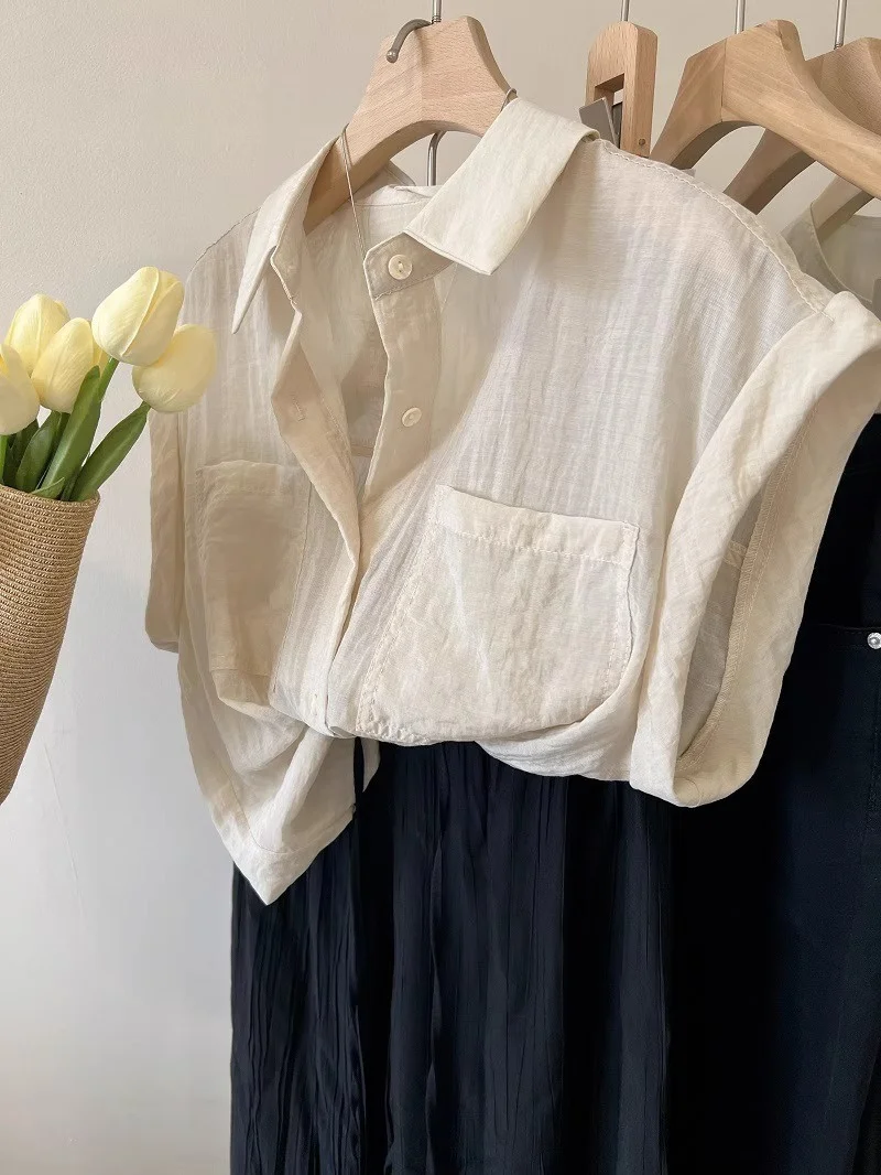 女性の夏のトップス Xiaofei スリーブシャツ コットンリネン半袖 フレンチ個性 シンプルなポロカラー