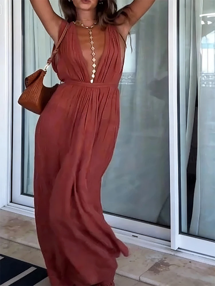 Barboteuse de plage plissée, décontractée, décontractée, décolleté en V profond, sans manches, ample, Simple, couleur unie, taille à lacets, combinaison pour femmes, été