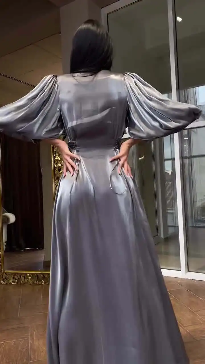 Nowa elegancka satynowa luksusowa koszulka z rękawami na imprezę wieczorowa dla kobiet z długim rękawem szara szata Dubai Abaya Maxi Maxi