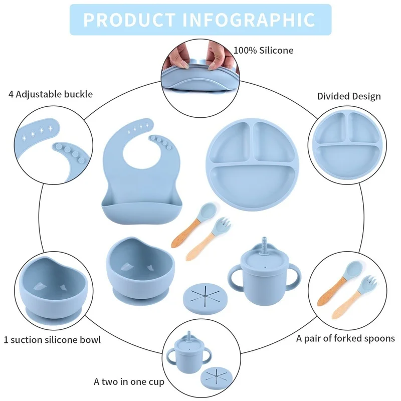 Peralatan makan silikon bayi, perlengkapan belajar makan bayi mangkuk hisap terpisah satu anak