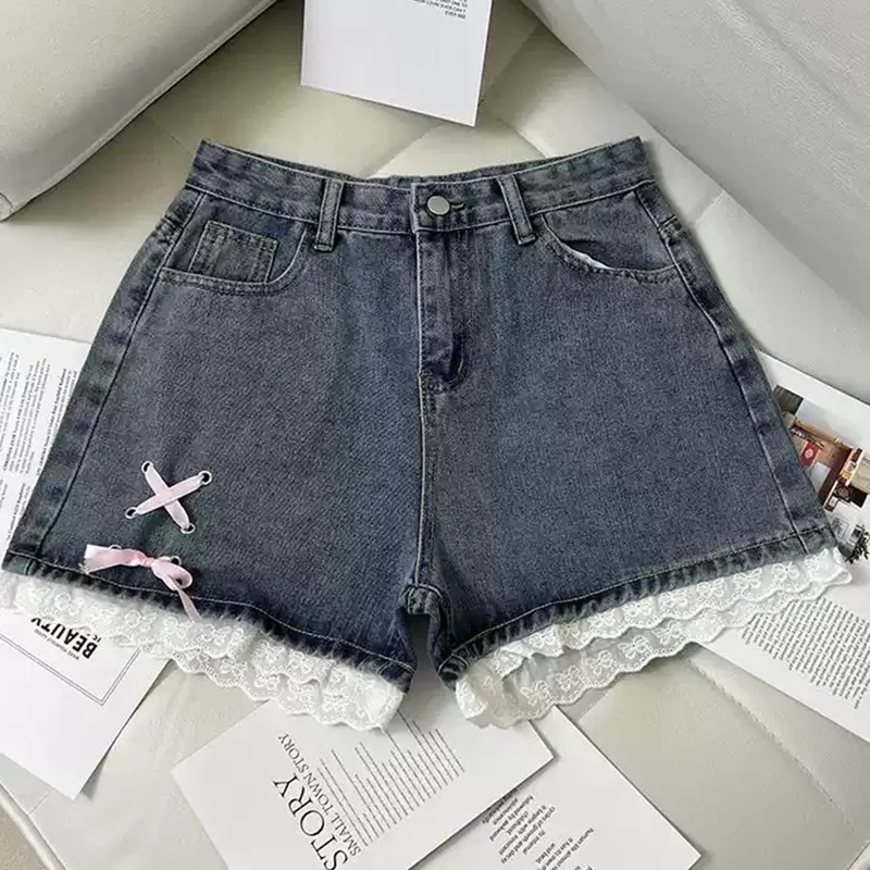 Women's Blue Bow Lace Jeans Shorts Y2K Korean Edition Harajuku High Street Streetwear 2000s Aesthetic Retro Summer Clothing 2025