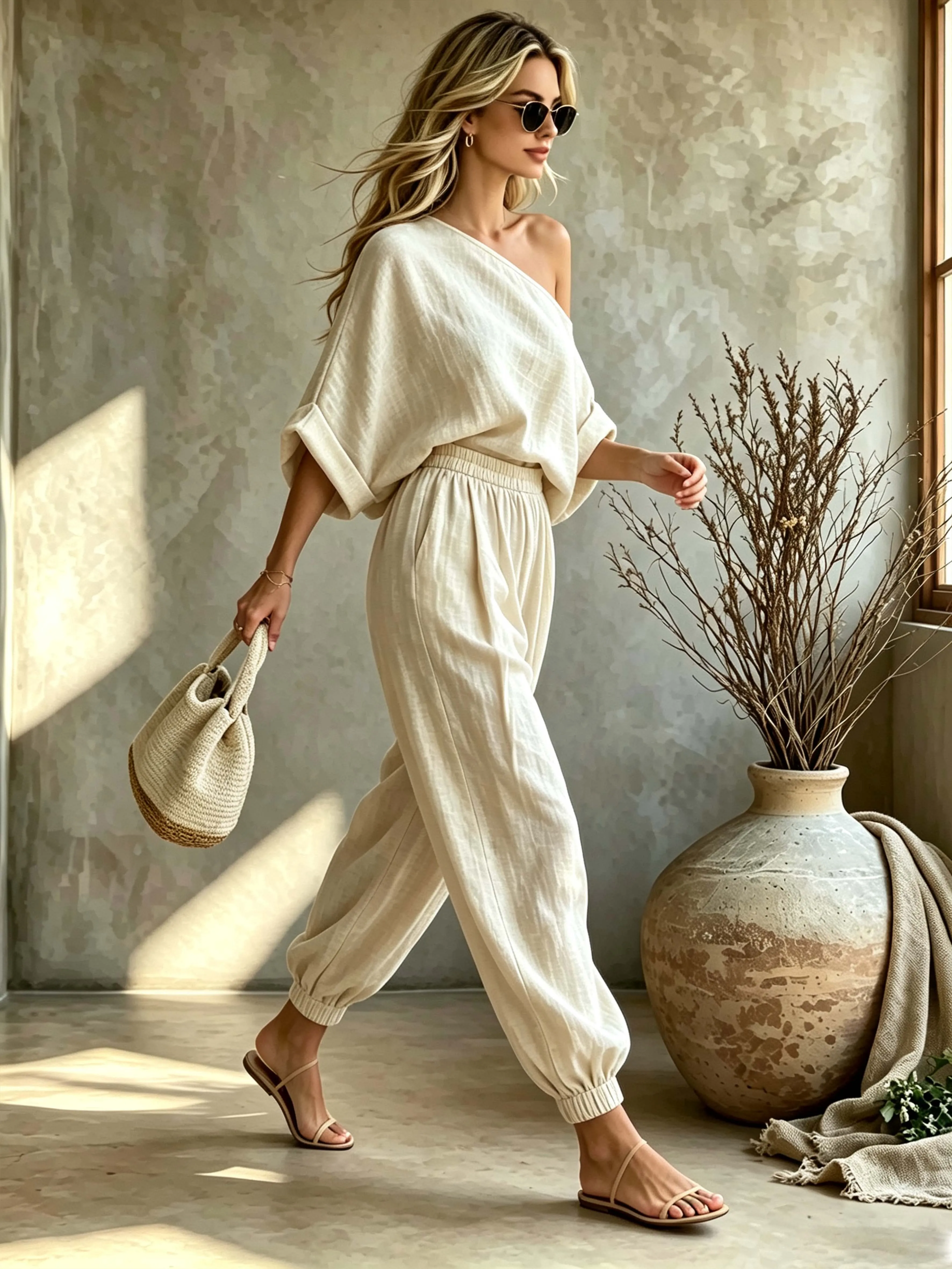 Elegantes zweiteiliges Damen-Set mit schulterfreiem Oberteil und Leinen-Optik, lässiger rustikaler Stil, ideal für entspannte Urlaube – Detail 3