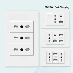 Prise murale USB intelligente de type C à charge rapide, panneau en plastique, interrupteur d'éclairage, prise standard pour touristes, Italie, Chili, 20W