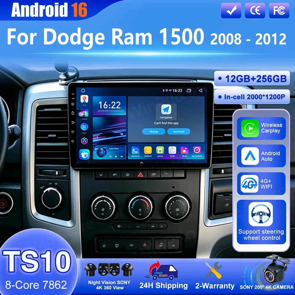 Android 16 Carplay para Dodge Ram 1500 2008 2009 2010 2011 2012 Reproductor Multimedia para Auto, Video, Radio, Navegación Inalámbrica Carplay 4G 1
