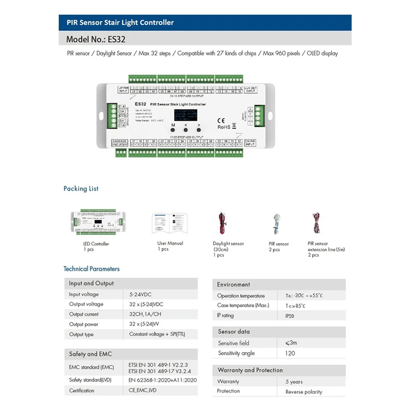 Contrôleur de Lumière d'Escalier ES32, Capteur PIR, 32CH, Document Unique, 2CH, Pixel RGB, éventuelles I, Gradateur de Bande LED, 5V-24V