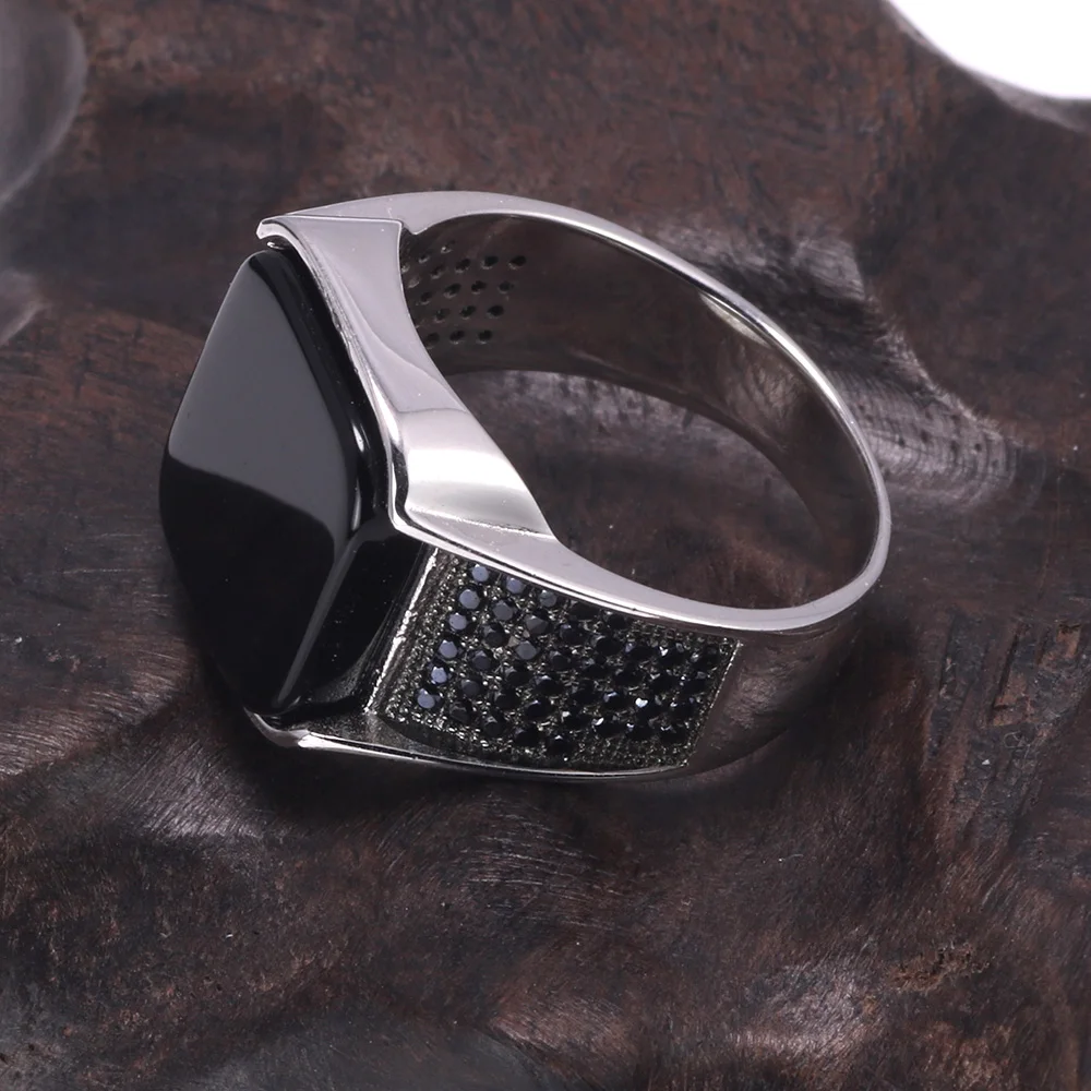 Anillo de Plata de Ley 925 garantizado para hombre, joyería turca antigua con piedras naturales negras cuadradas, diseño Simple