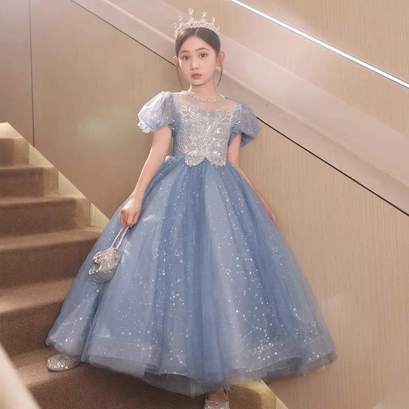 2024 Sequin Blue Girls Princess Dress Puff Sleeves Beading O-Neck Evening Dresses for Children Kids luxury Performance Clothing