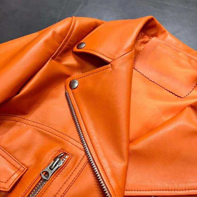 Chaqueta de cuero genuino para mujer, abrigo de longitud corta, abrigo de Color sólido, cinturón, cuello vuelto, nueva moda, Primavera, 2022