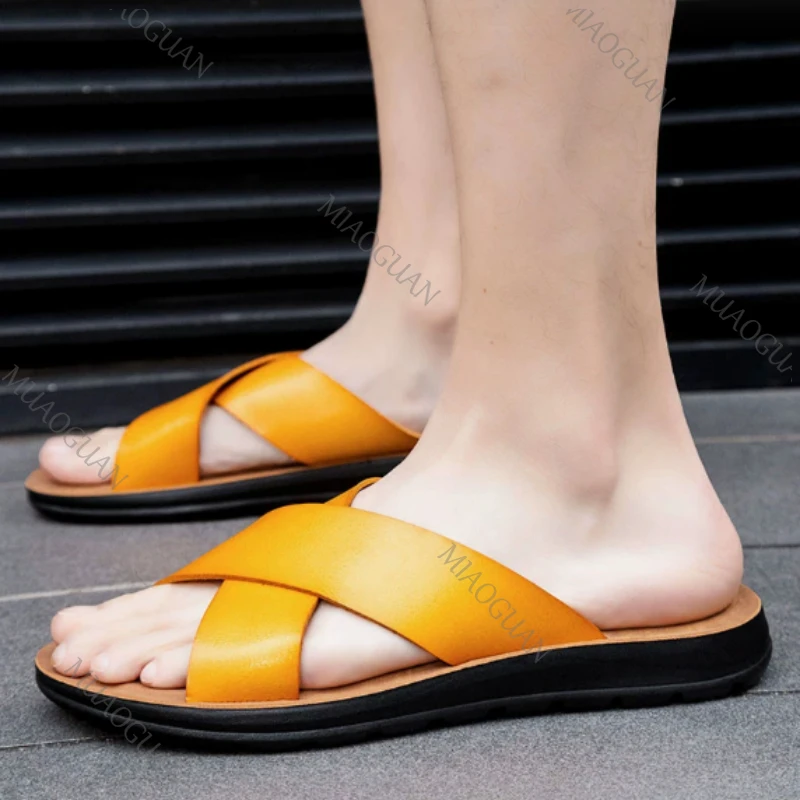 2026 Leather Men's Slippers Fashion Classic Roman Open-toed Beach Sandals Male Casual Non-Slip Soft Soled Lightweight Flat Shoes - view 4