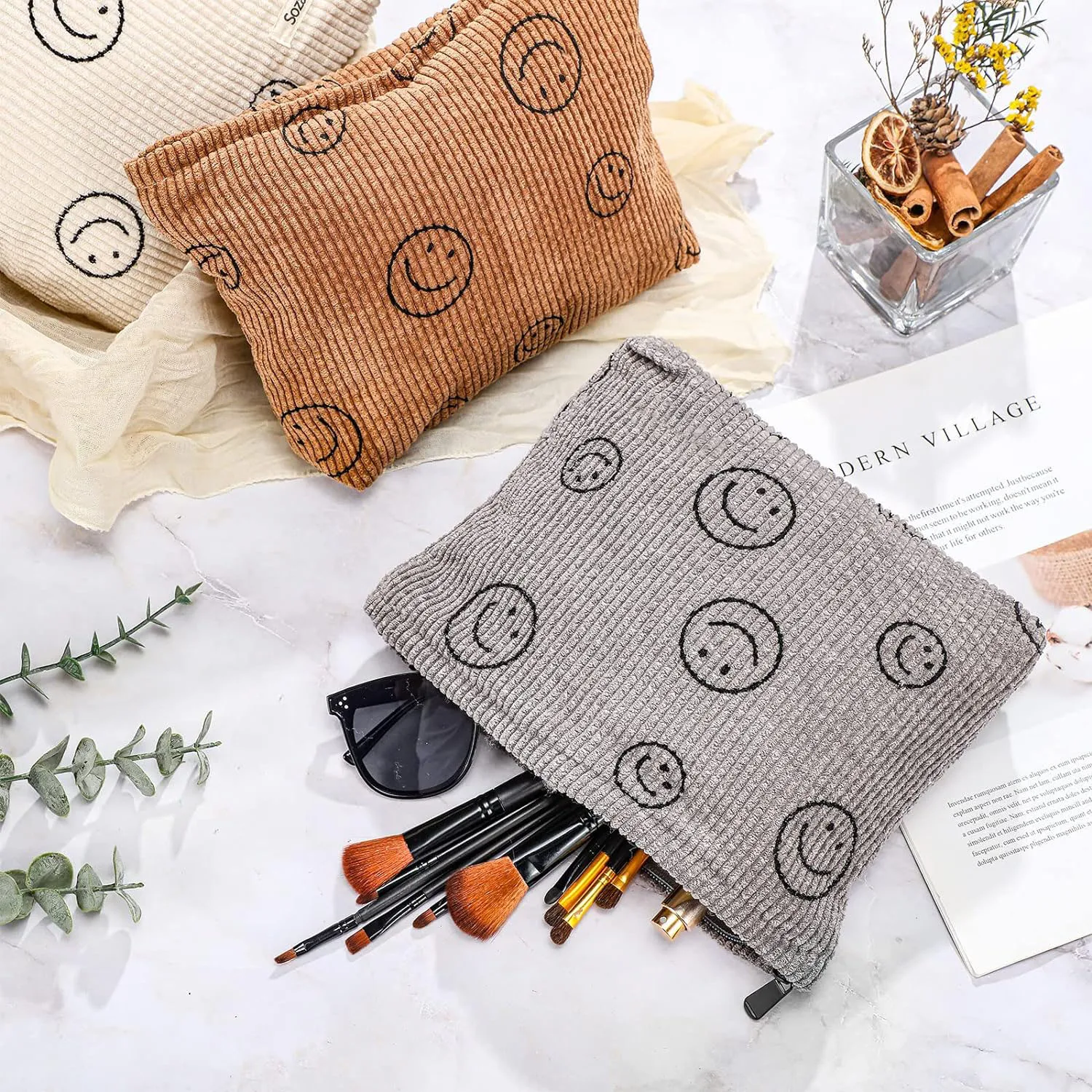 Makeup Bag For Women - Corduroy Cosmetic Bags Aesthetic Design Ladies Tote Bag, Cute Smiley Face Makeup Organizer with Zipper