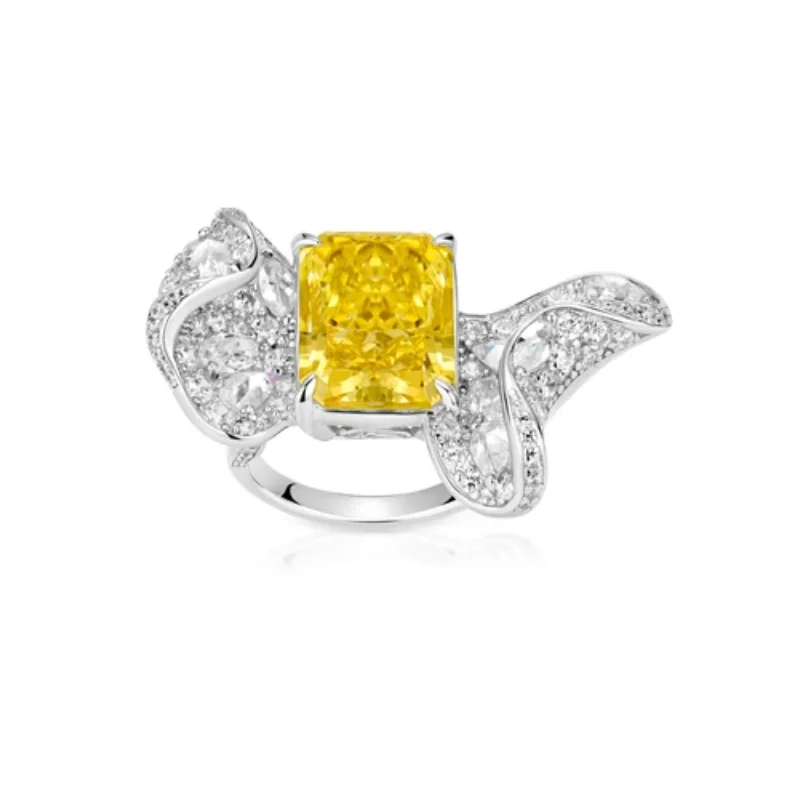 BELLUX 925 Silver Gold Plated Shiny Cut Yellow Synthetic Zirconia Cocktail Ring Art Deco Bowknot Shaped Ring for Women