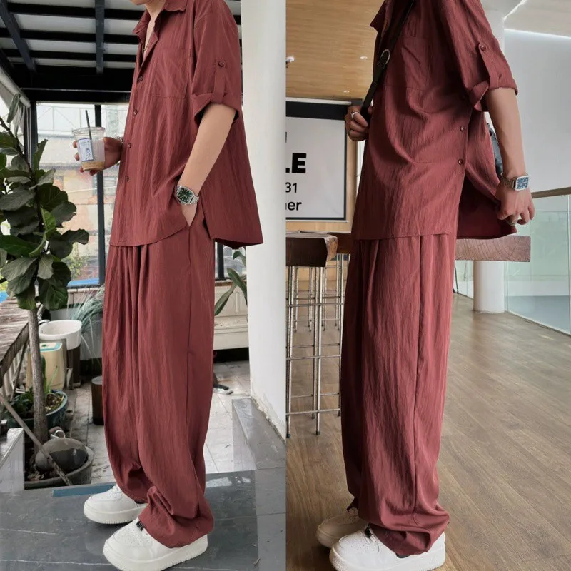 Summer Light Thin Casual Suits Trendy Men's Korean Edition Design Handsome Solid Loose Short Sleeves Shirt + Pants Two Piece Set