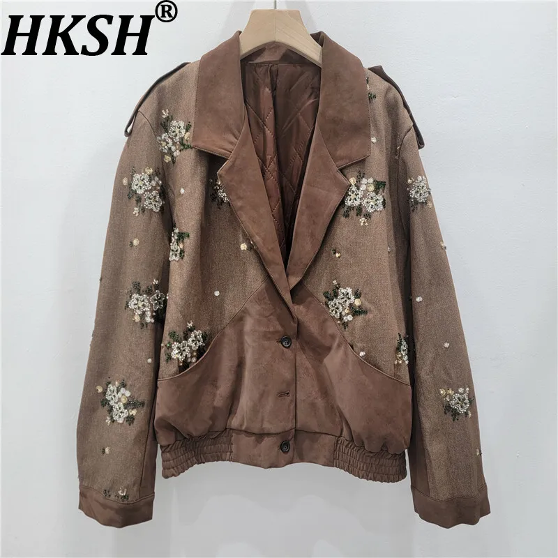 

HKSH Spring Autumn New Women Jacket Beaded Sequins Faux Suede Spliced Single Breasted American Retro Streetwear Ins Coat HK13499