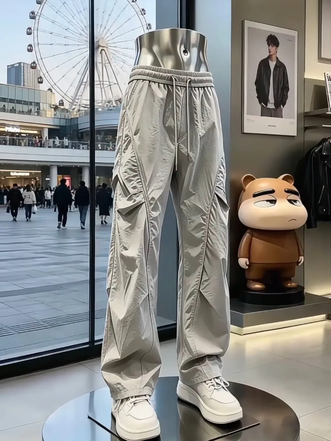 Light Grey Slant Cut Cool Sensation Quick Dry Cargo Pants Men's Thin Vibe Wind Pressed Workwear Paratrooper Wide Leg Pants