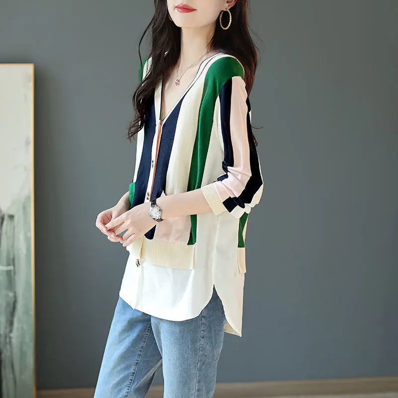 Comfortable V-neck Blouses Temperament Casual Button Patchwork Elegant Fashion Spring Summer Thin Striped Women\'s Clothing 2023