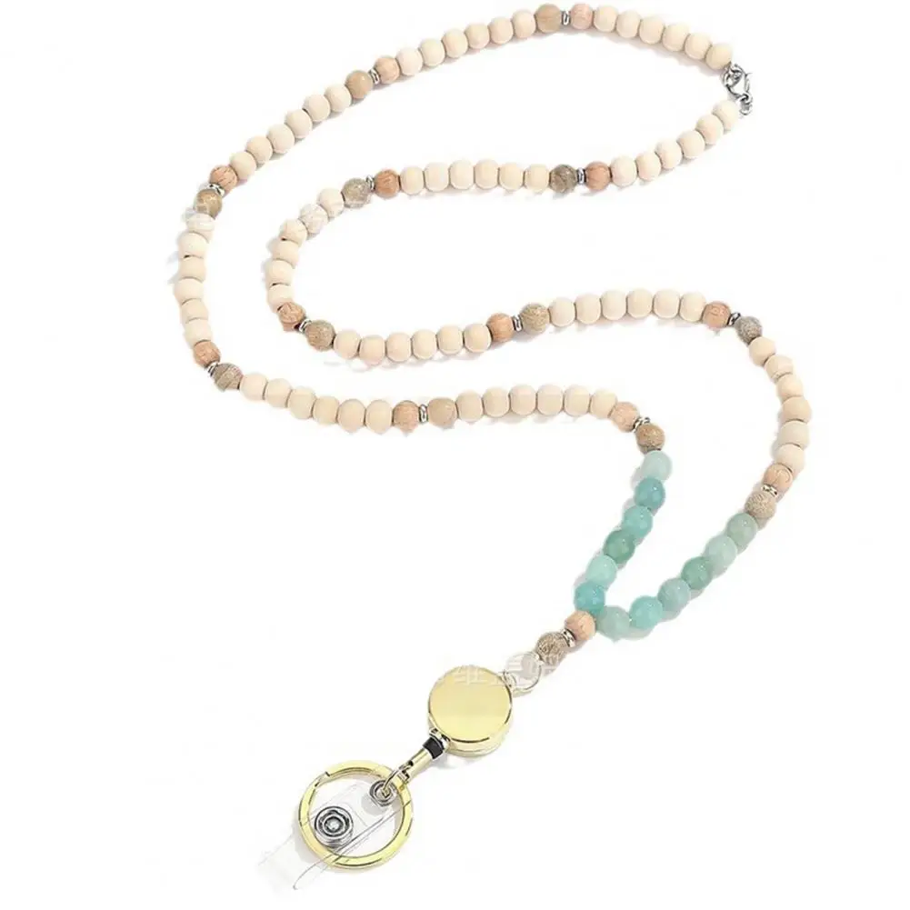 เชือกเส้นเล็กพวงกุญแจลูกปัดไม้ เชือกลูกปัดไม้ธรรมชาติที่หรูหราพร้อมที่ใส่รหัสแบบพับเก็บได้ เข็มกลัดสแตนเลส ครูมีสไตล์