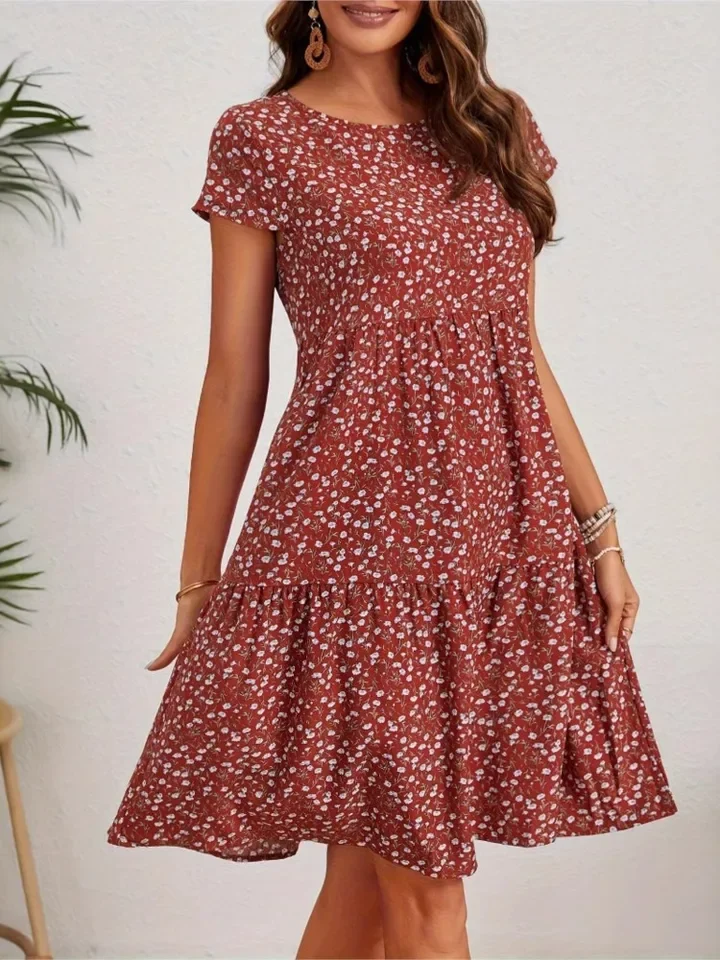 Casual Print Loose Dress Lady Fashion O-Neck Short Sleeve Pullover Dresses For Women Summer Boho Holiday Womens Clothing New
