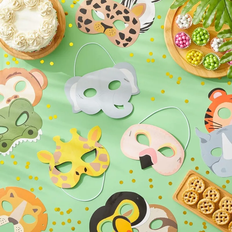 Jungle Safari Birthday Party Masks Set of 12, Wild Animal Costume Masks for Kids Dress Up, Party Favors & Decorations - view 2