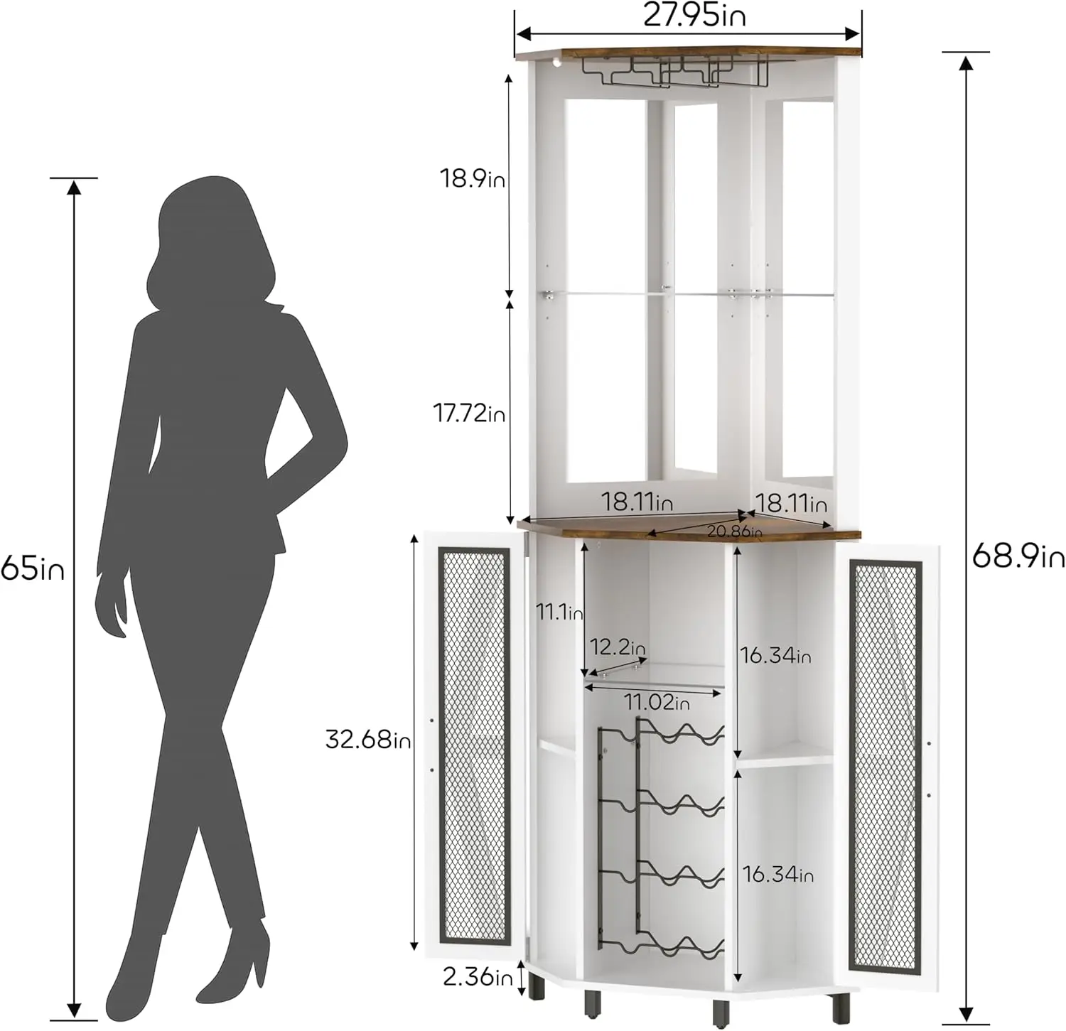 Armoire de bar d'angle de 68,9 pouces de haut, bar à vin avec éclairage LED et miroir, armoire à liqueur de style fermier, pour salle à manger, salon