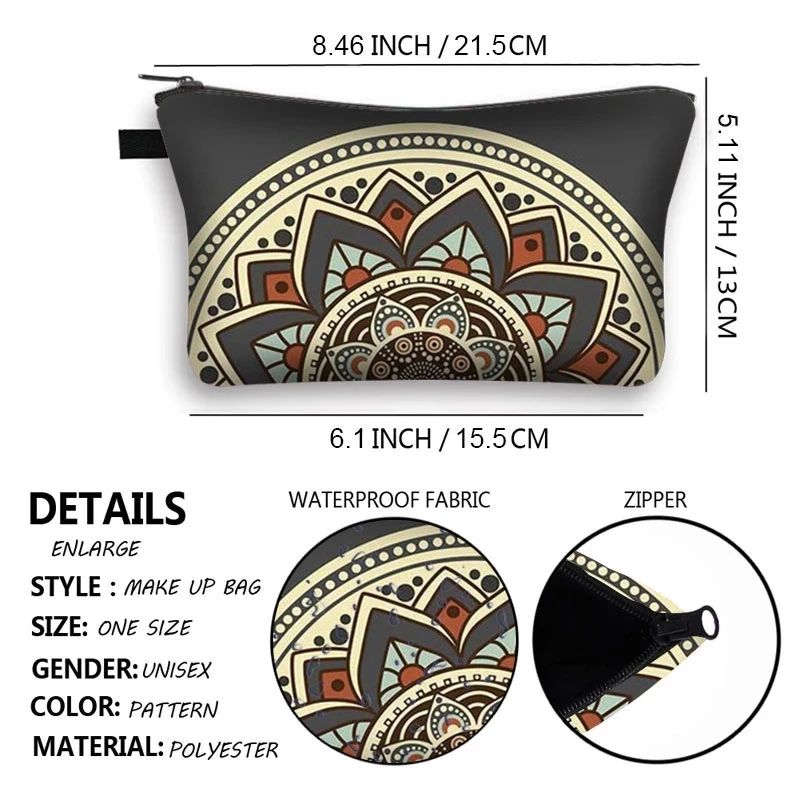 Mandala Flower Print Cosmetic Bag Women Lucky Hamsa Hand Pattern Make Up Bags For Travel Toiletry Bag Lipstick Storage Bags Gift