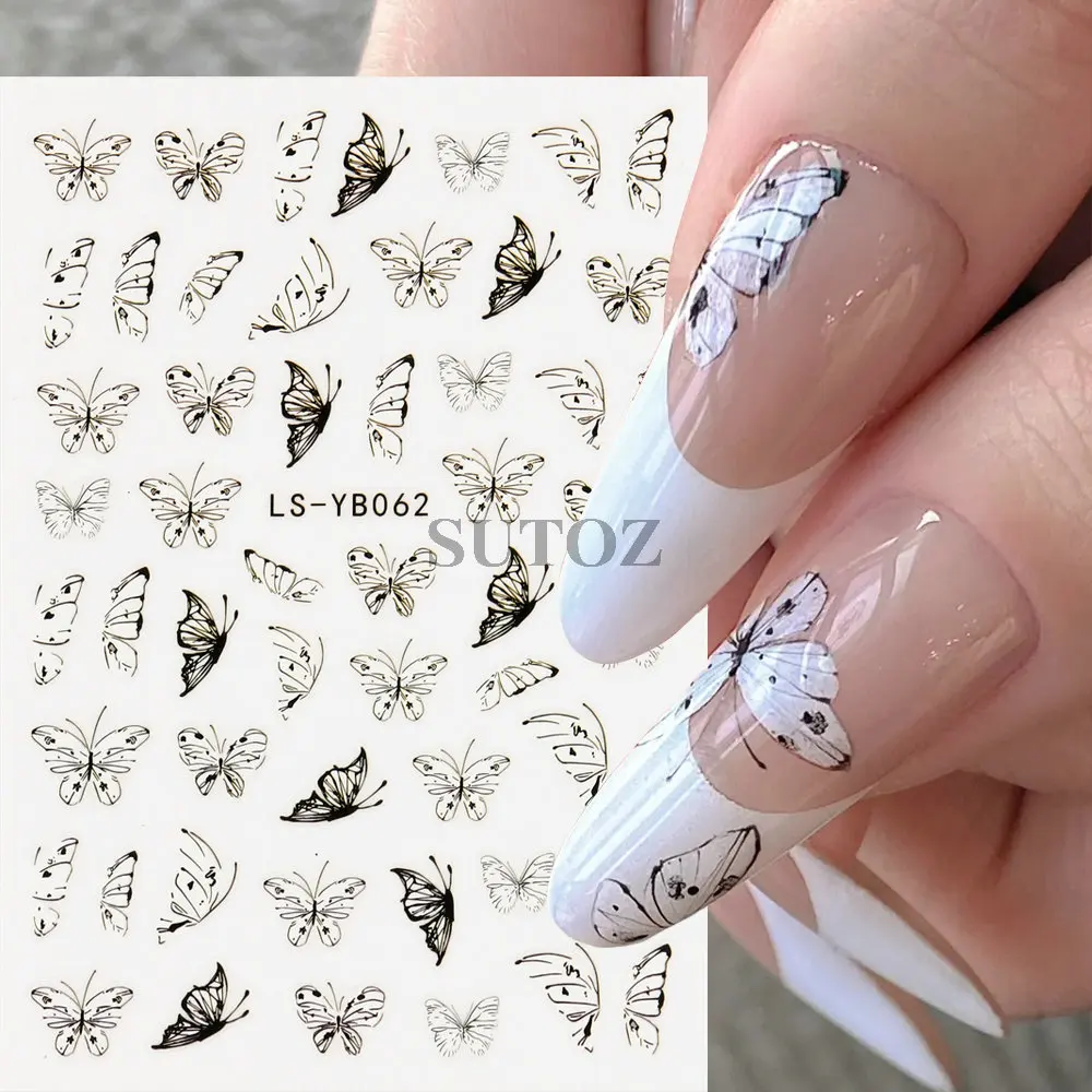 3D Butterfly Nail Stickers Purple White Fairy Decals Black Wings Self-Adhesive Sliders French Charms Manicure Decors LEBLS-YB061